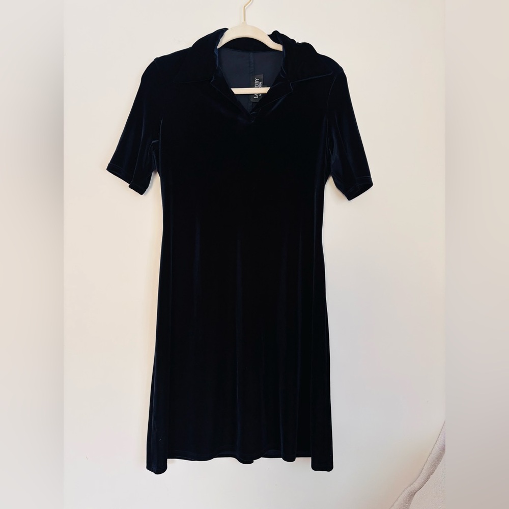 Laundry by Shelli Segal Navy Velvet V-Neck Short Sleeve A-Line Knee Dress Size 8
